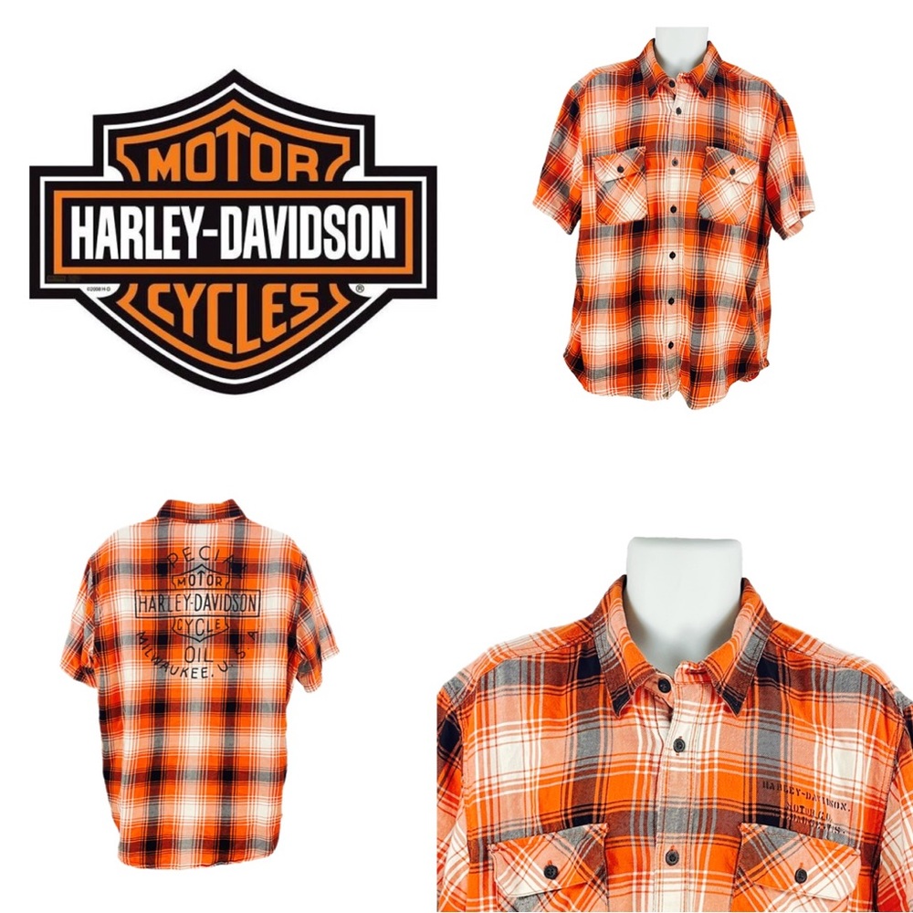 Harley Davidson Men's XL Orange Plaid Short Sleeve Button Down, Milwaukee USA